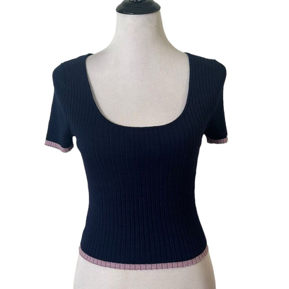 Ribbed Knit Cropped Baby Tee Ruffle Edge Top S Navy Blue Pastel Stretch Indie